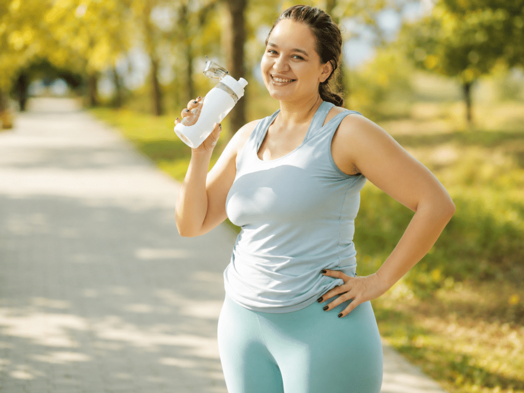 Woman stopping to drink water while exercising outside during a run.
